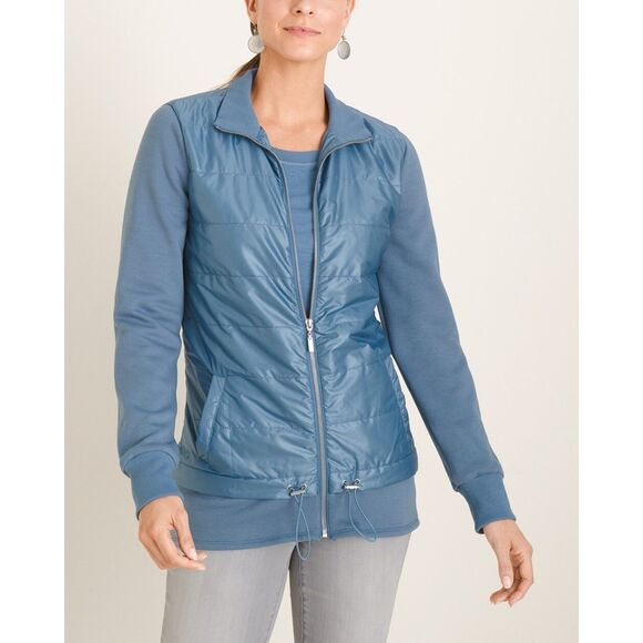 Chico's Zenergy 2 L 12 14 Sky Blue Mixed Fabric Zip Front Quilted Jacket Pockets - Picture 1 of 9